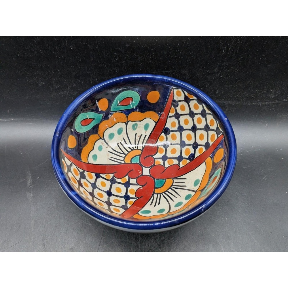 Garay Mexico Talavera Salsa Bowl Hand Painted Tripod Ceramic Floral Multi-Color
